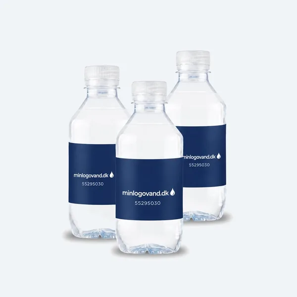 Logovand Plastflaske 0,33L med firmalogo — lille reklamevand til møder og events